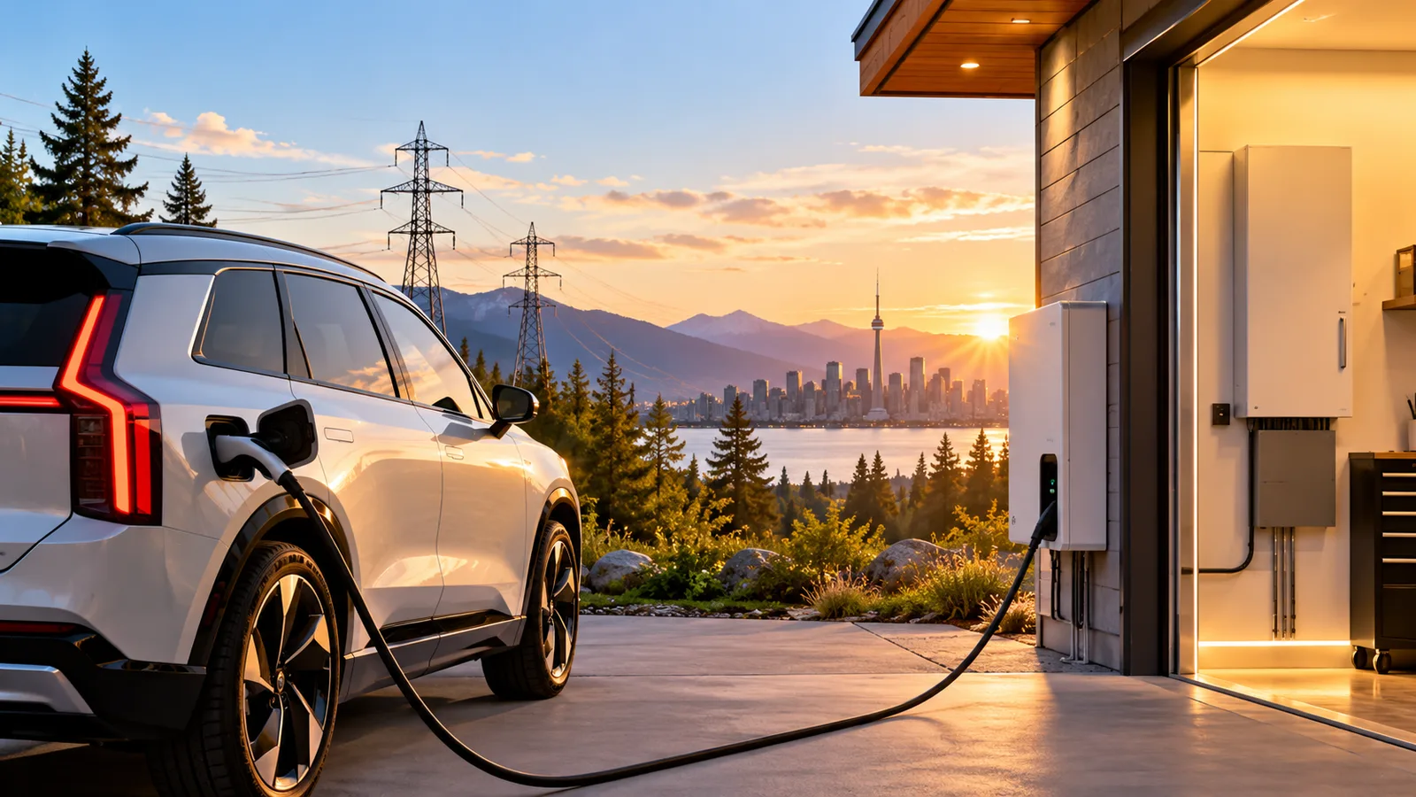 An electric SUV plugged into a home charger at sunset, with transmission towers and a city skyline behind it and a bidirectional charger and electrical panel visible inside the open garage.